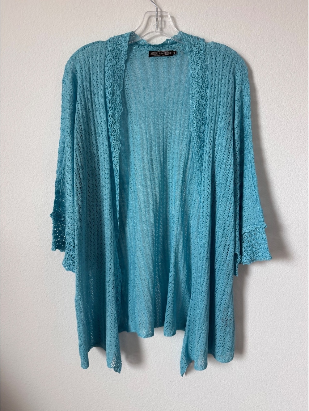 ZoZo Linen Blend Crochet Knit Turquoise Open Front Cardigan Sweater Size 1X